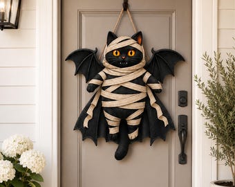 Halloween Black Cat Vampire Bat Wooden Sign, Gothic Wall Decor, Spooky Witch Cat Sign, Halloween Front Door Decor