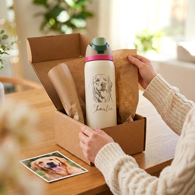 Puede incluir: Una botella de agua crema con un retrato de perro y el nombre "Charlie" se presenta en una caja de cart&oacute;n. La botella tiene una tapa verde y rosa. Una foto de un golden retriever est&aacute; al lado de la caja.