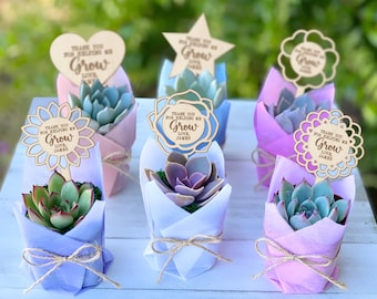Thank You For Helping Me Grow Succulent Stakes | Teacher Appreciation Gift | Plant Pot with tray| Custom Wooden Stake, Thank You Gift