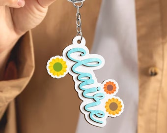 3D Custom Name Flower Keychain | Personalized Acrylic Initial Name Tag| Birthday Gift| Backpack Name Tag, Diaper Bag Tag, Kids Luggage Tag