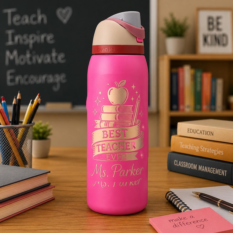 May include: A pink insulated water bottle with a light-colored lid. The bottle features a design with an apple, books, and the text "Best Teacher Ever Ms. Parker". The background includes books, pencils, and the words "Teach, Inspire, Motivate, Encourage".