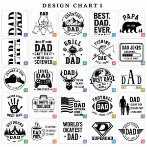 May include: A design chart with multiple "DAD" themed graphics. Designs include text-based phrases such as "Best Dad Ever," "Dad Jokes," and "Superdad," alongside illustrations of a bear, a deer, and a toolbox. The chart is in black and white.