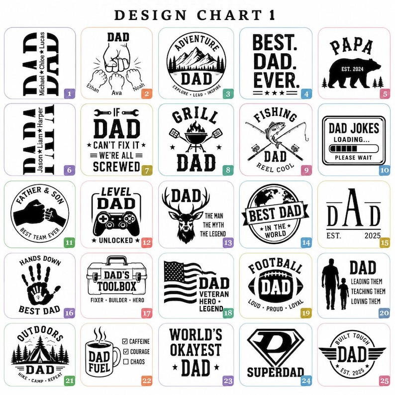May include: A design chart with multiple "DAD" themed graphics. Designs include text-based phrases such as "Best Dad Ever," "Dad Jokes," and "Superdad," alongside illustrations of a bear, a deer, and a toolbox. The chart is in black and white.