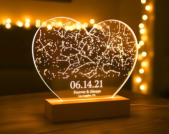 Mapa estelar personalizado por fecha, regalo para él, regalo de aniversario, luz nocturna con mapa estelar, cielo nocturno por fecha, regalo para novio, regalo de San Valentín