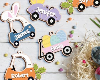 Gepersonaliseerde monstertruck paasmandlabel, naamplaatje paasmandje, naamplaatje voor kinderen, houten paasnaamornament, eerste paascadeau baby