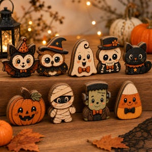 May include: A collection of nine small wooden Halloween-themed figurines including a bat, owl, ghost, skeleton, cat, pumpkin, mummy, Frankenstein monster, and candy corn. Each piece features a flat, layered design with colorful painted details.