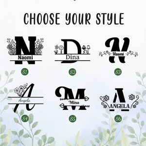 Puede incluir: Una pantalla gr&aacute;fica titulada CHOOSE YOUR STYLE que presenta seis dise&ntilde;os de letras negras etiquetados del S1 al S6. Cada dise&ntilde;o incorpora una letra grande, motivos florales o de flechas, y un nombre como Naomi, Dina, Mina o Angela en una l&iacute;nea.