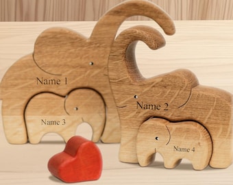 Waldo| Elephants Family, Wooden Pet Carvings, Animal Family, Puzzle Couple Wooden Elephants Family