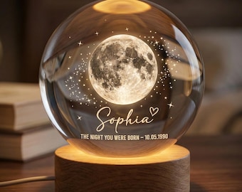 Personalized Crystal Ball LED Night Light, Birthday, The Day You Were Born Custom Moon Phase by Date, Just Because Gift for Friend, Daughter