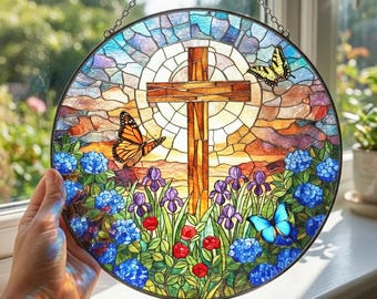 Atrapasueños personalizado con cruz de vitral y flores silvestres, regalo religioso, adorno cristiano para ventana, vitral con árboles de Navidad.