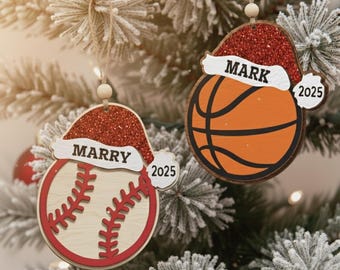 Personalized Sports Ball Christmas Tree Decor 2025, Sports Santa Hat Ornament, Custom Player Decor, Athlete Ornament, Kids Sports Gift