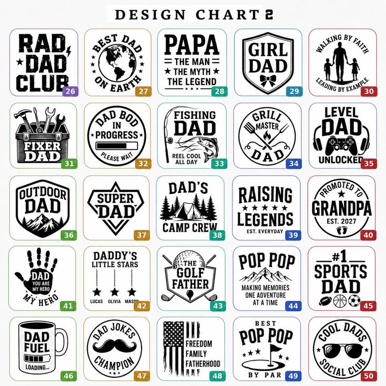 May include: A design chart with multiple graphic designs, including text such as "Rad Dad Club," "Best Dad on Earth," "Papa," "Girl Dad," and "Fixer Dad." The designs are in circular and square shapes.