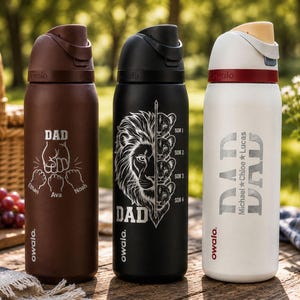 May include: Three insulated water bottles with flip-top lids. One is brown with "DAD" and names, another is black with a lion graphic and "DAD", and the third is white with "DAD" and names. All have the "owala" logo.