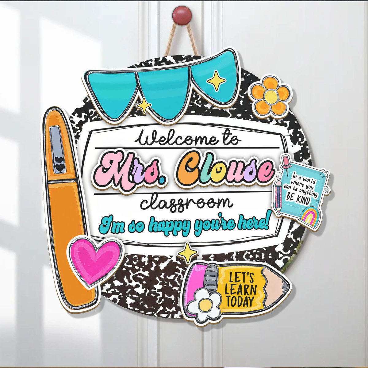 Personalized Teacher 3D Door Sign, Groovy Classroom Decor, Teacher Appreciate Gift, Signs for classroom, Composition Notebook Door Sign