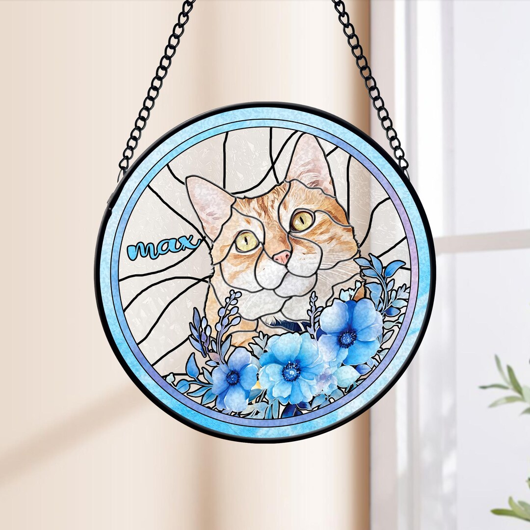 Custom Cat Portrait Stained Glass Suncatcher, Loss of Pet Sympathy Gift ...