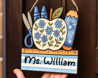 Personalized Teacher Door Sign, Floral Apple Classroom Decor, Teacher Appreciate Gift, Back to School Wood Sign, Pencil Ruler Plaque