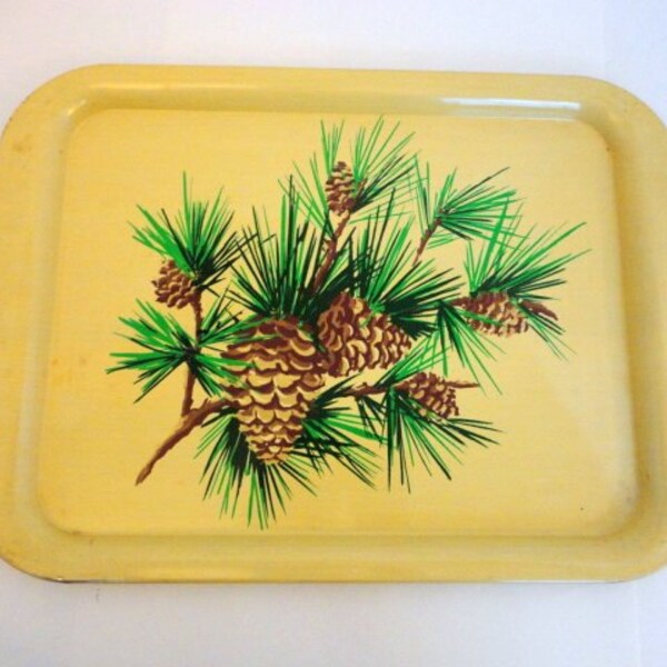 Vintage Metal Trays Pine cone Set of 2 LAST SET Cabin Rustic TV tray Lap tray by metrocottage