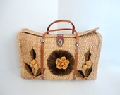 Vintage Straw Purse Souvenir Handbag 1960s Embroidered tote Shabby chic Chocolate Brown Saffron