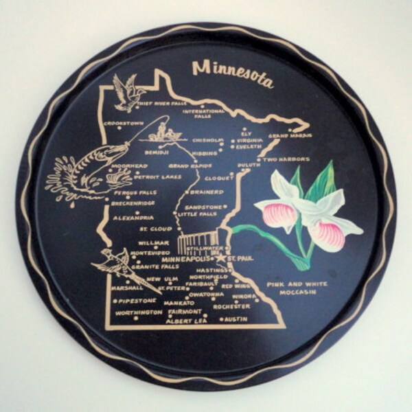 Vintage Minnesota State Souvenir Tray Round Metal 1960s Black Printed tray Retro Kitsch