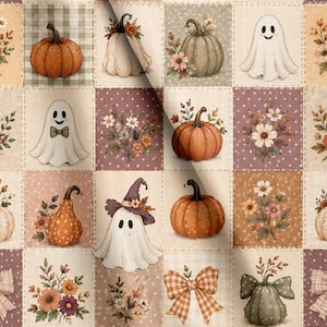 May include: A fabric pattern featuring a grid of squares with illustrations of orange and green pumpkins, white ghosts, floral bouquets, and plaid bows. The background colors include cream, light brown, and muted purple with polka dot textures.