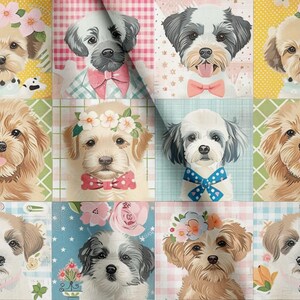 May include: A repeating pattern fabric featuring various illustrated dogs with diverse fur colors and textures. Some dogs wear floral crowns or bow ties in shades of pink, blue, and white. The background consists of checkered and dotted squares.