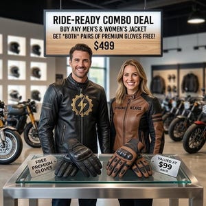 May include: A glass display table featuring two pairs of motorcycle gloves, one black and one brown, with signs reading FREE PREMIUM GLOVES and VALUED AT $99 EACH. A sign above reads RIDE-READY COMBO DEAL BUY ANY JACKET GET BOTH PAIRS FREE $499.