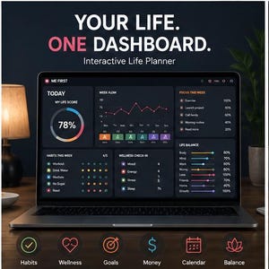 Könnte beinhalten: Ein Laptop-Bildschirm zeigt ein interaktives Lebensplaner-Dashboard mit dem Text YOUR LIFE. ONE DASHBOARD. Interactive Life Planner. Die Benutzeroberfläche hat ein dunkles Design mit farbigen Diagrammen, Fortschrittsbalken und Symbolen für Gewohnheiten, Wohlbefinden, Ziele, Finanzen, Kalender und Balance.