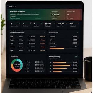 May include: A laptop screen displaying a Digital Gift Planner & Budget Tracker interface with dark mode aesthetics. The dashboard features sections for Birthday Countdown, Upcoming Celebrations, Budget Overview, Top Categories, and Monthly Spending.