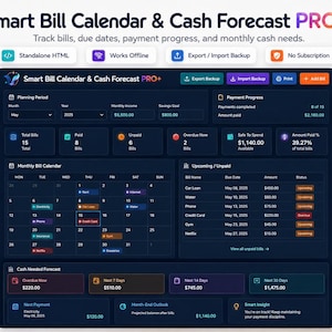 Puede incluir: Un panel digital titulado Smart Bill Calendar & Cash Forecast PRO+ con una interfaz oscura que incluye un calendario mensual, seguimiento de pagos, listas de facturas y proyecciones de flujo de caja para mayo de 2025 para gastos.