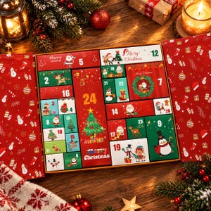 Può includere: Un calendario dell'Avvento rettangolare con ventiquattro scomparti numerati. La confezione rossa e verde presenta illustrazioni di Babbo Natale, renne, pinguini e alberi di Natale, con la scritta Merry Christmas stampata sopra.