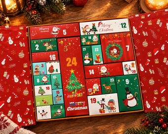May include: A rectangular Christmas advent calendar box with twenty-four numbered compartments. The red and green packaging features illustrations of Santa Claus, reindeer, penguins, and Christmas trees, with the text Merry Christmas.