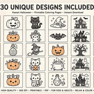 Könnte beinhalten: Eine digitale Sammlung von 30 einzigartigen Halloween-Malvorlagen mit Kawaii-Illustrationen von Geistern, Kürbissen, Katzen, Hexen, Fledermäusen, Spukhäusern und Zuckermais. Das Rasterlayout zeigt schwarz-weiße Strichzeichnungen mit orangefarbenen Akzenten.