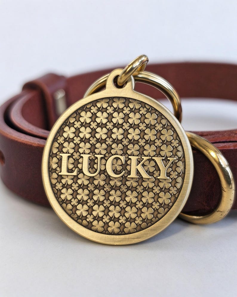 Personalized Round Solid Brass Pet ID Tag, Deep Engraved Four-leaf ...