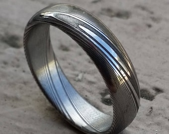 Damascus steel ring Stainless  5.25mm dark etch&quot;TRADITIONAL&quot; wood-grain patern (polished finish) ring! wood ring pattern mens rings