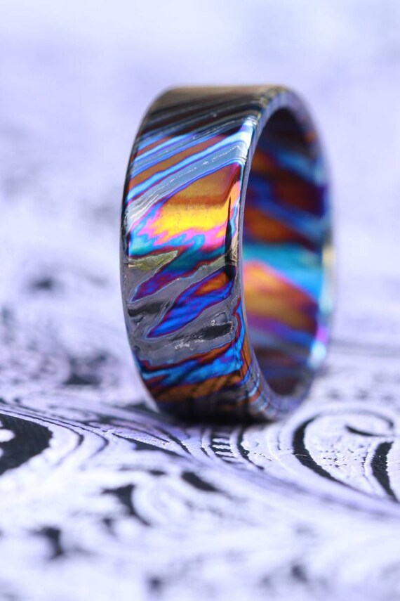 Timascus Ring 8mm Wide Titanium Zirconium, Mokuti Ring (polished