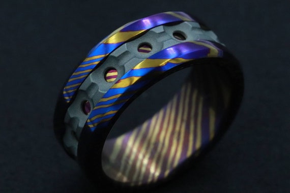 Grayson" Limited Edition Series-10mm Timascus / Mokuti timascus & zirconium ring,black timascus ring, mokuti ring