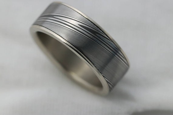 White Gold & Stainless Damascus damasteel 14k 18k customizable stainless damascus steel ring gold ring rosegold ring