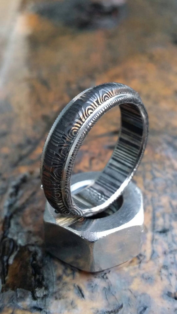 Stainless Damascus "traditional -black & blue twist"   Customizable ring! Mens wedding band damascus steel