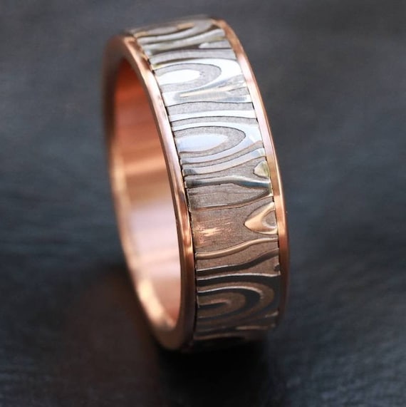 Rose Gold & Stainless Damascus damasteel 14k 18k customizable stainless damascus steel ring gold ring rosegold ring