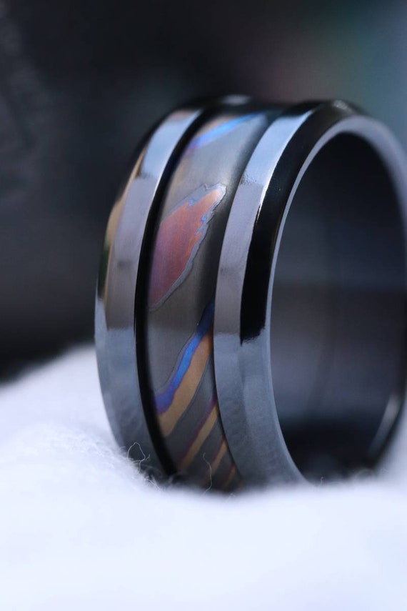 Grayson BLK" Limited Edition Series-10.25mm Black titanium Timascus / Mokuti timascus & zirconium ring,black timascus ring, mokuti ring