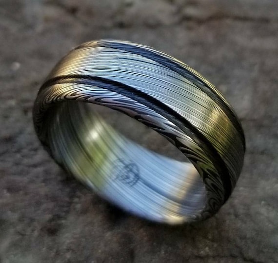 Damascus steel ring Stainless steel Damascus "LEAF" Customizable ring! Dark etch / double grooved damasteel mens weddingbands mens rings