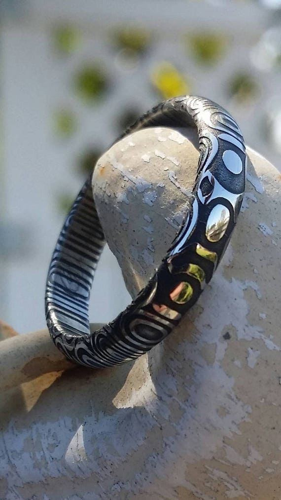 Damascus steel ring dark finish  "bamboo" 3mm or 4mm womens ring damasteel stainless damscus steel ring, damascus ring womens ring