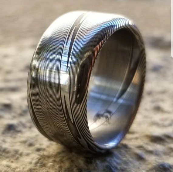 Customizable ring 5mm-12mm Stainless steel Damascus "super wood-grain" dark etch, damascus steel ring,  damascus ring