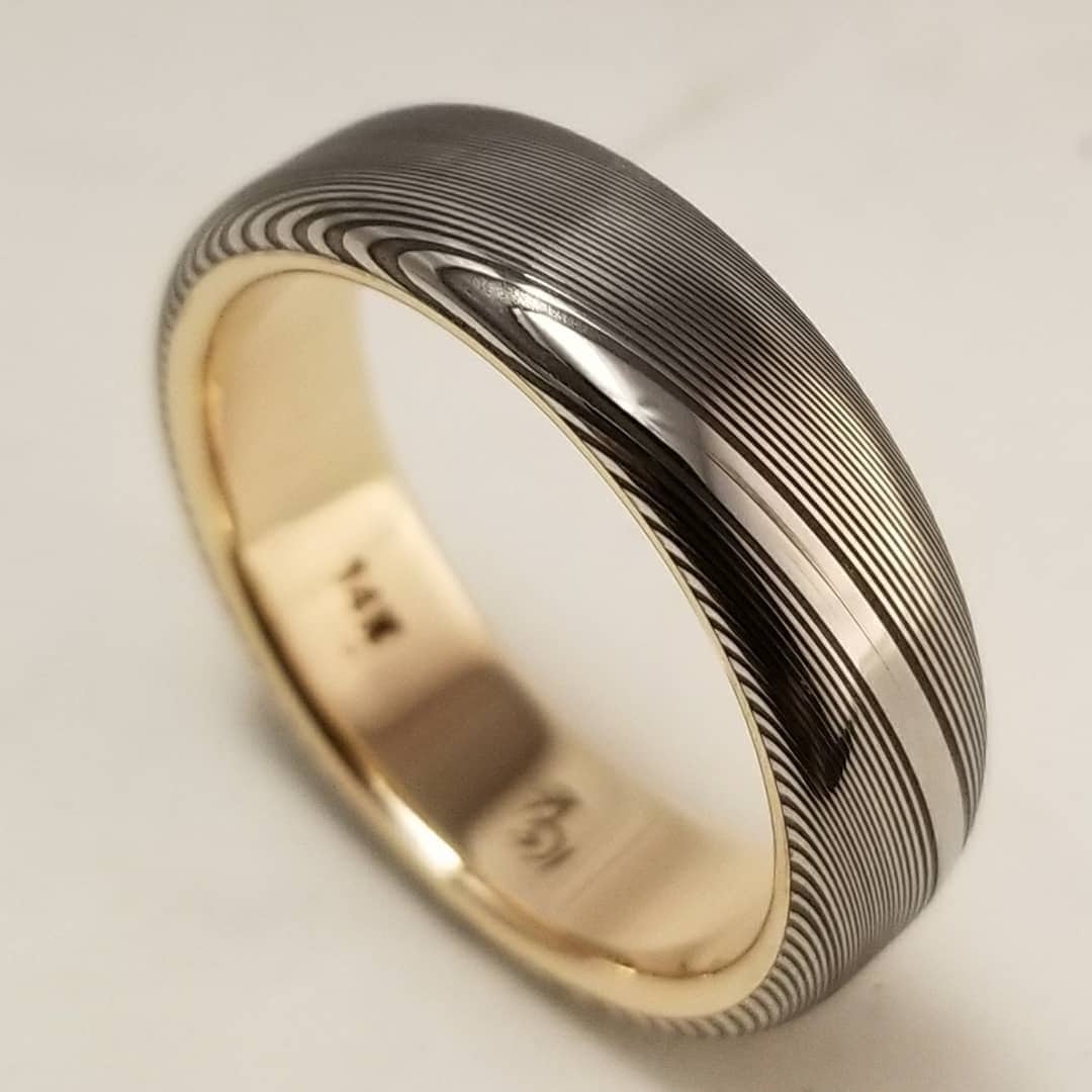Gold & Stainless Damascus 7mm ring woodgrain extra polished finish