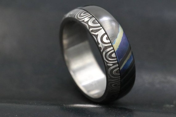 New*8mm Black Timascus / mokuti & Stainless Damascus steel "bamboo" pattern timascus ring,black timascus ring, mokuti ring dark-ti zrti ring