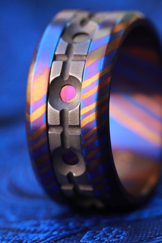 Grayson" Limited Edition Series-10mm Timascus / Mokuti timascus & zirconium ring,black timascus ring, mokuti ring