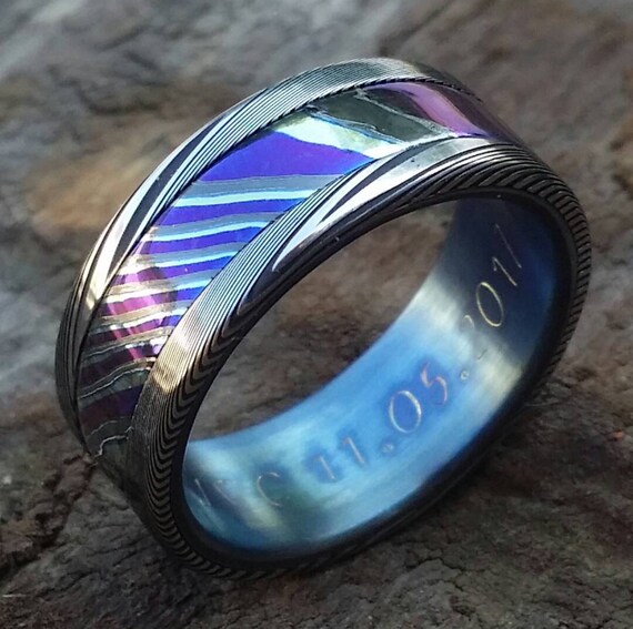 Damascus steel ring 8mm Black Timascus Mokuti & Stainless black timascus ring, mokuti ring, wedding ring