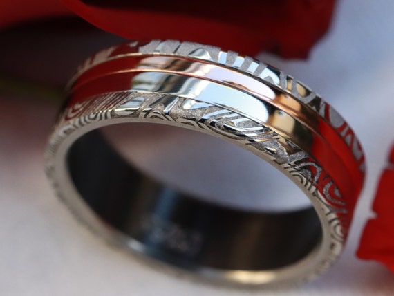 6.5mm Platinum and rose gold and damasteel stainless damascus Zirconium lined 14k or 18k customizable ring mens wedding bands Gold rings