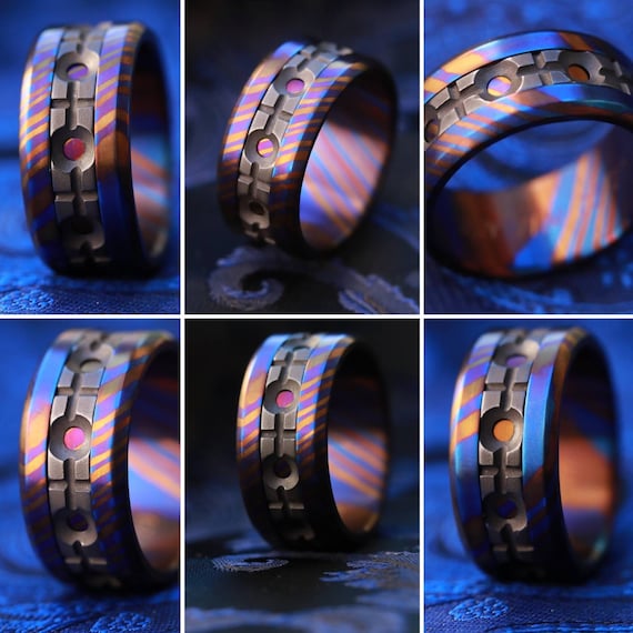 Grayson" Limited Edition Series-10mm Timascus / Mokuti timascus & zirconium ring,black timascus ring, mokuti ring