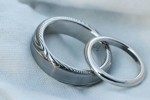 Platinum wedding set 2 platinum ring platinum gold rings damasteel his and her's wedding bands stainless damascus wedding ring customizable
